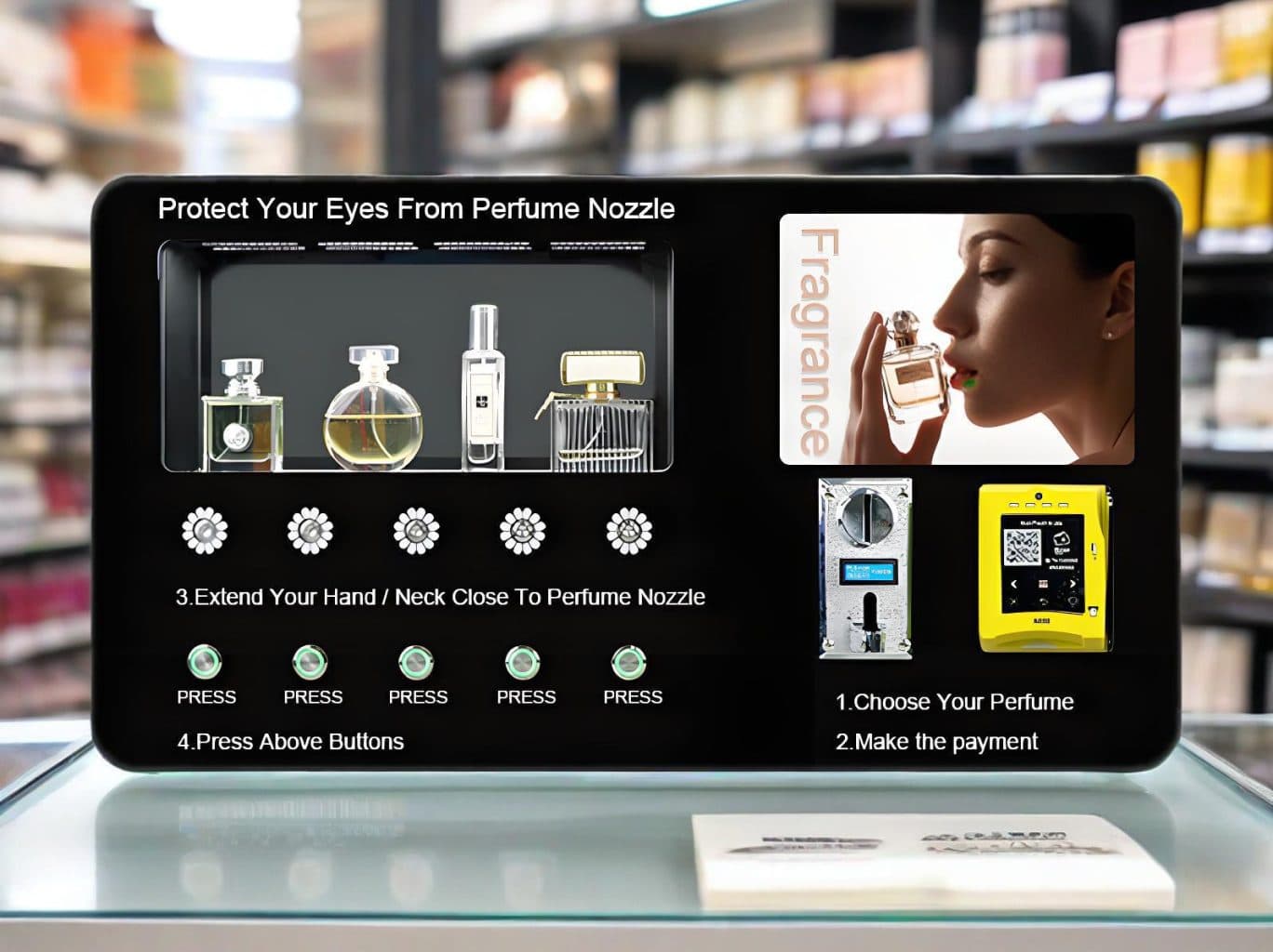 De Loma parfumdispenser met touchscreen, geplaatst in een winkelomgeving